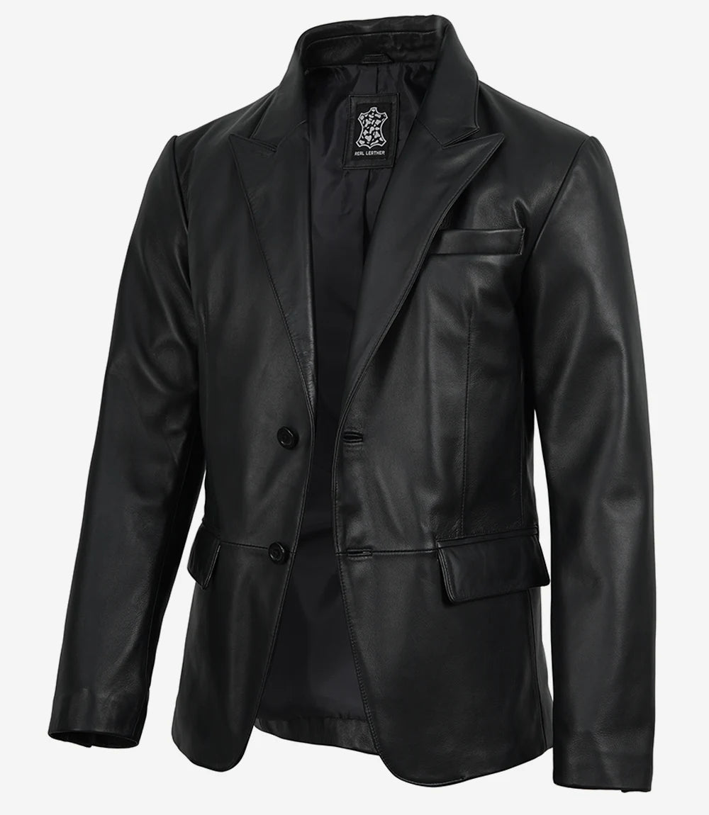Men's Black Real Lambskin Leather Blazer Peak Lapel Tailored Fit - Front