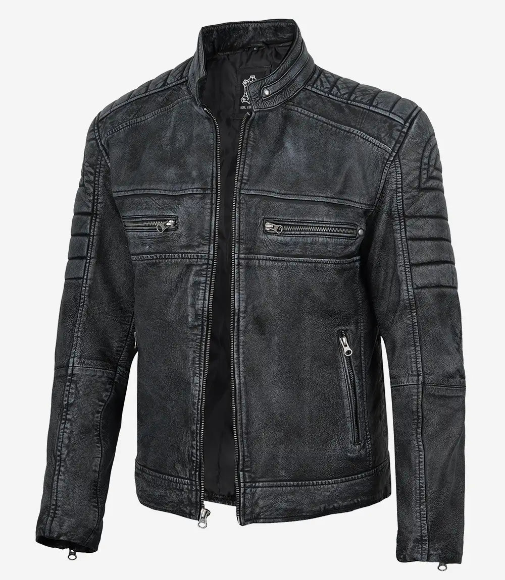 Men's Washed Black Distressed Lambskin Leather Cafe Racer Jacket - Front