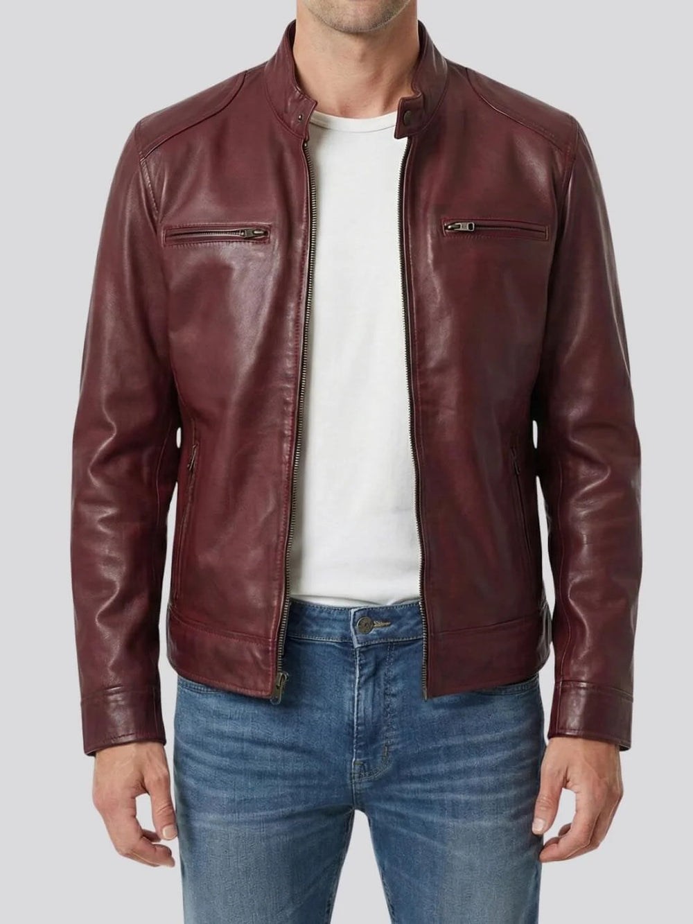 Dodge Men's Burgundy Leather Jacket - Front