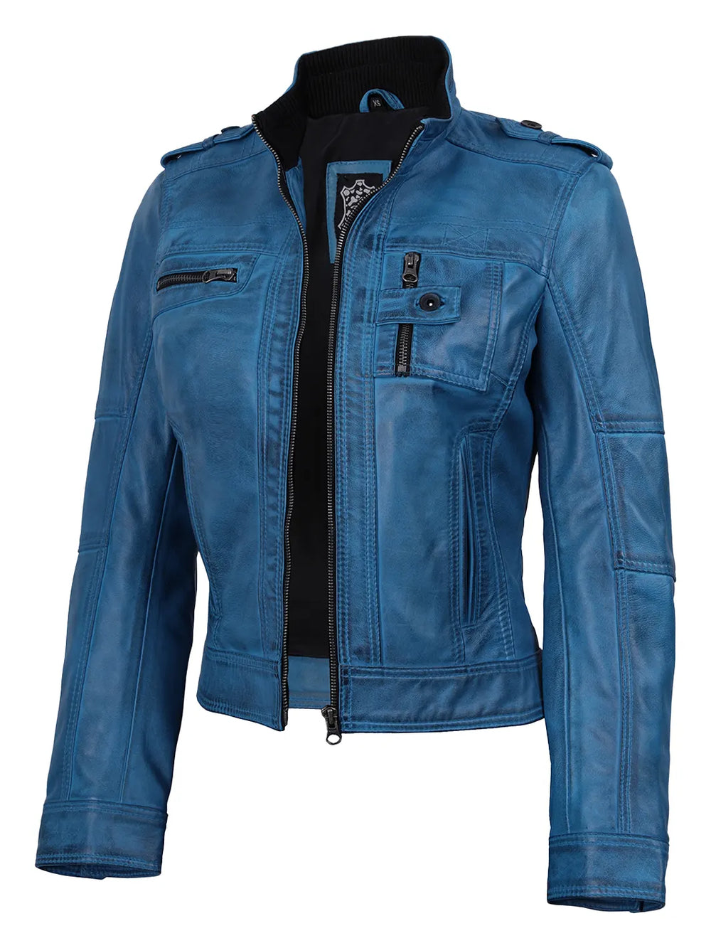 Tavares Womens Vivid Blue Biker Style Leather Jacket - Front