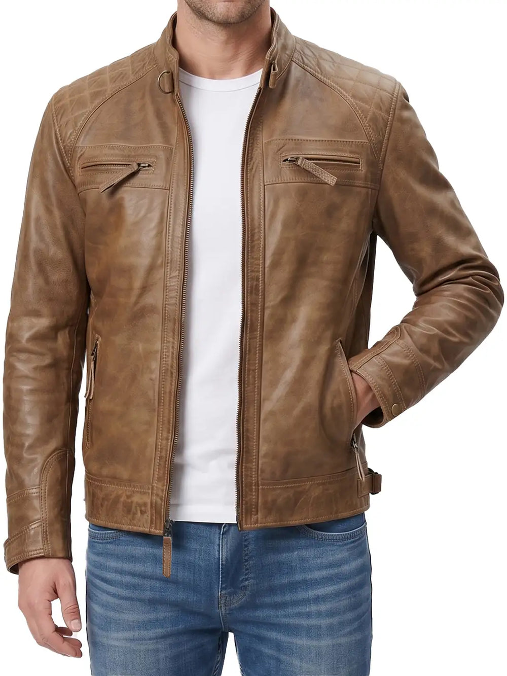 A man wearing a brown distressed leather motorcycle jacket over a white t-shirt and blue jeans, shown from the waist up against a white background.

