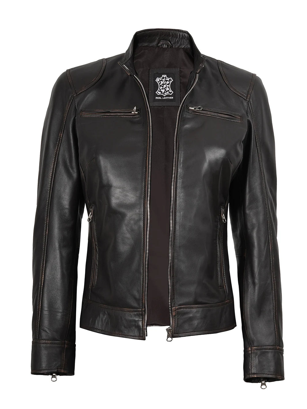 Dodge Women's Rub Off Brown Vintage Leather Jacket