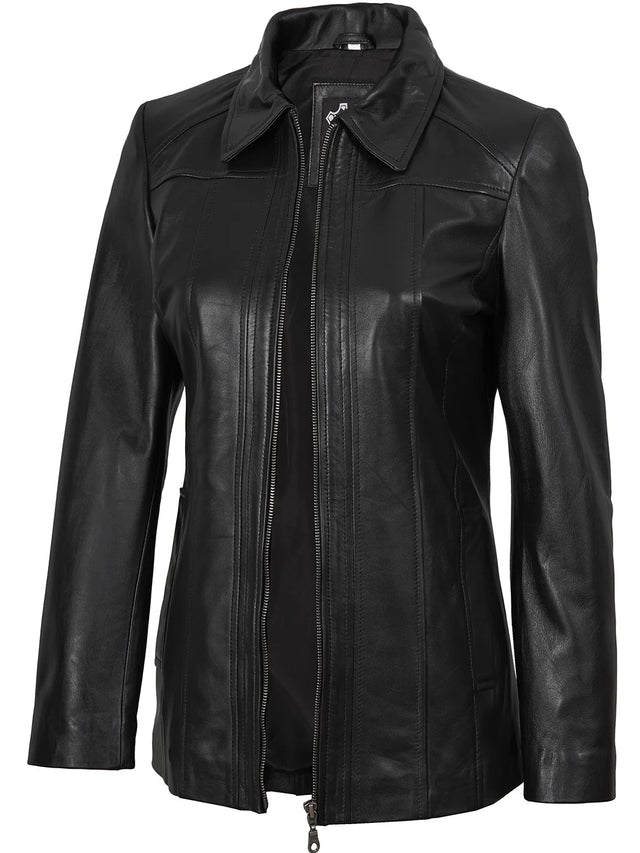 Women's Marsha shirt-collar black leather car coat