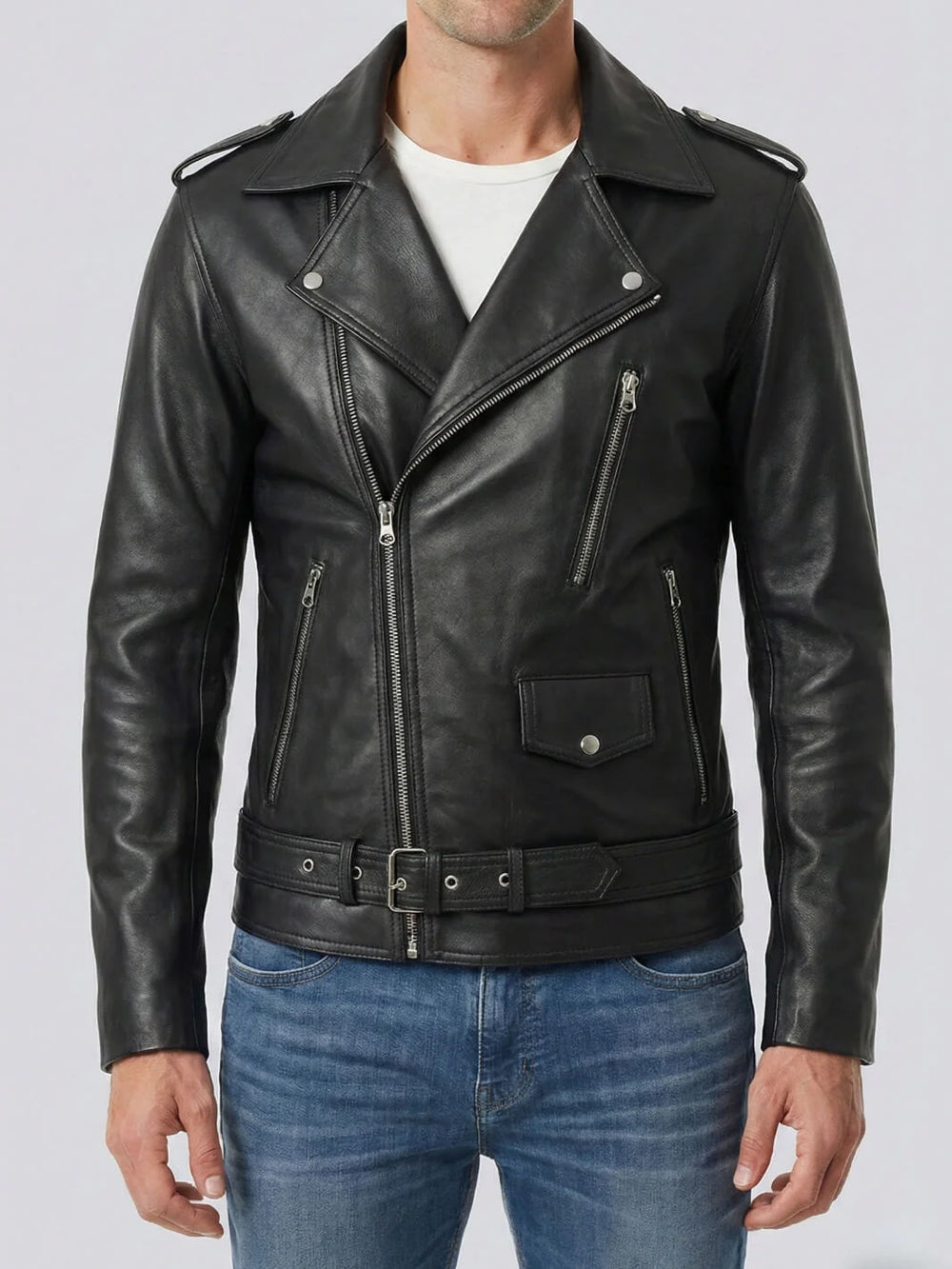 Black leather jacket worn by a person on a plain background