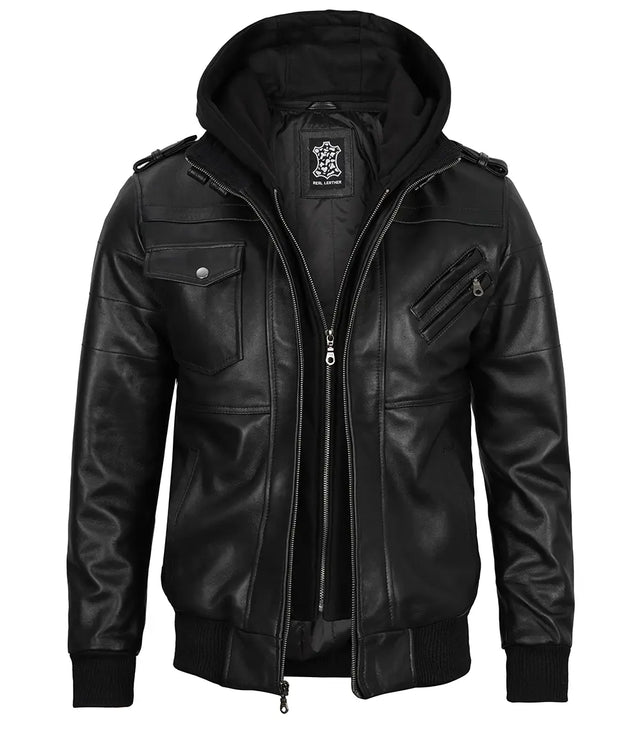 Men's black leather bomber jacket with removable hood
