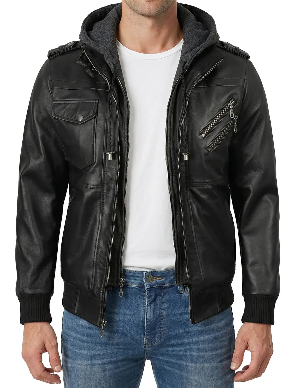 Mens-Black-Bomber-Leather-Jacket-with-Removable-Hood