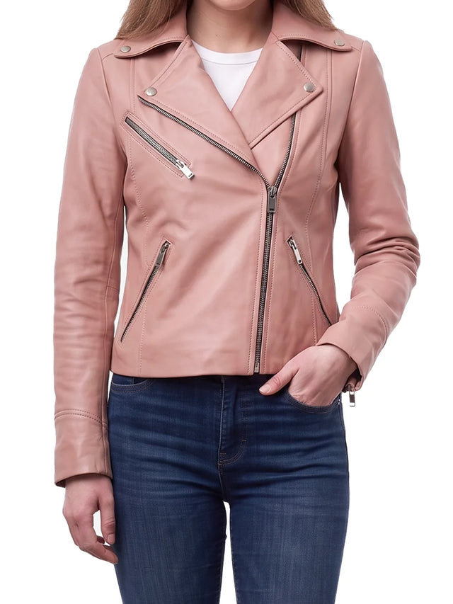 Asymmetrisk biker-skinnjacka i rosa (Dam)