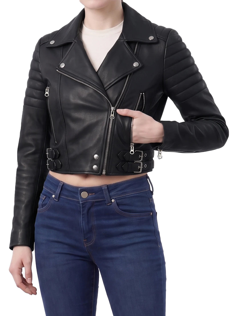 Women's Asymmetrical Black Cropped Leather Moto Jacket - Front