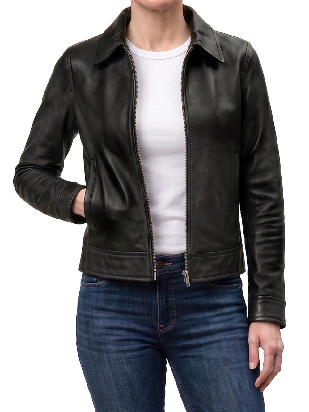 Women's Classic Black Harrington Leather Jacket - Front