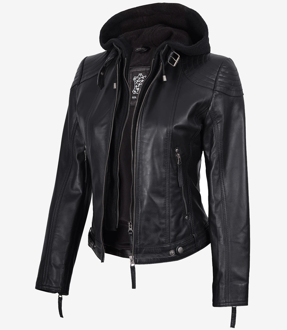 Womens Black Removable Hood Leather Jacket