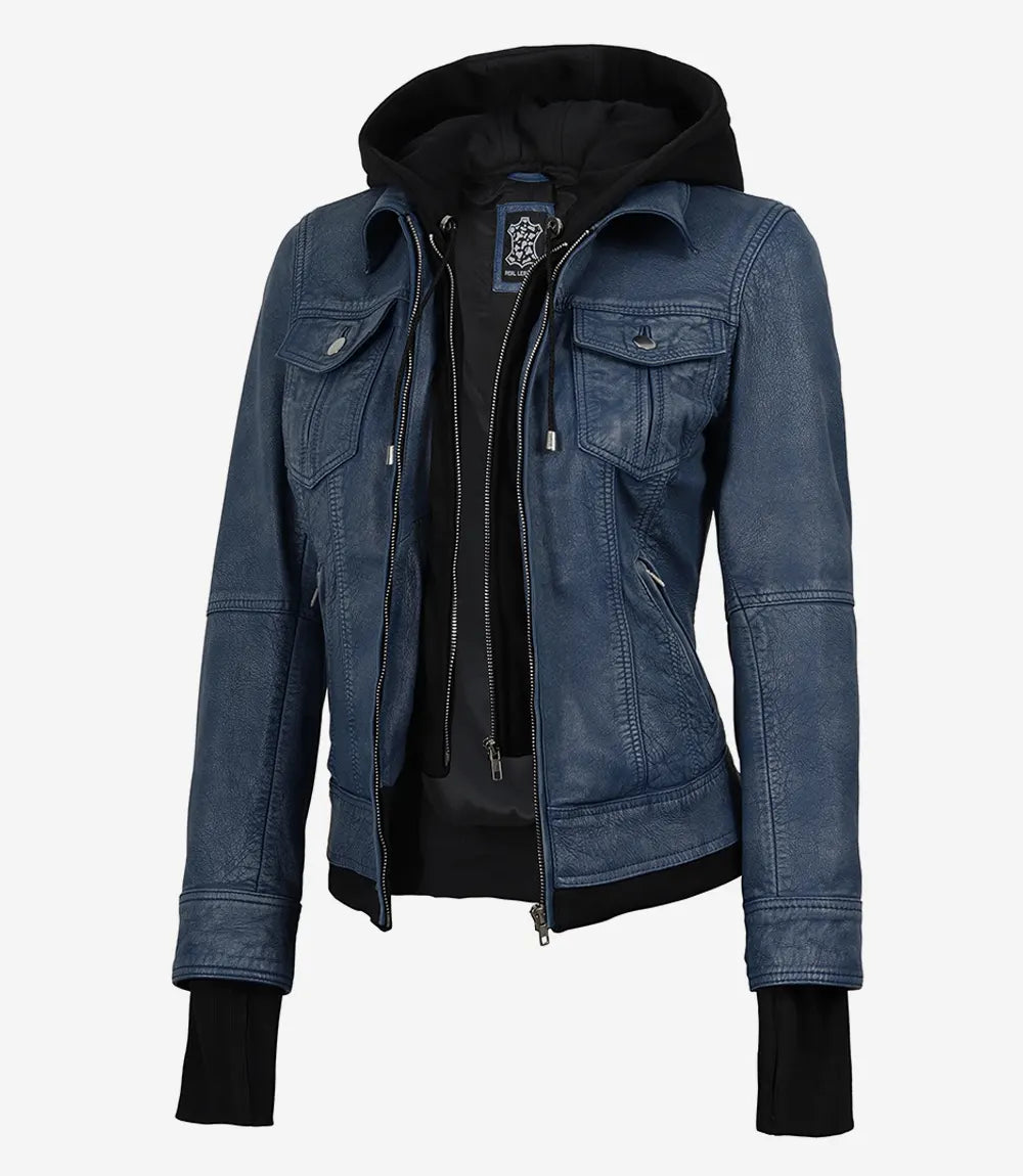 Women's Blue Denim-Style Washed Leather Jacket with Removable Hood - Front