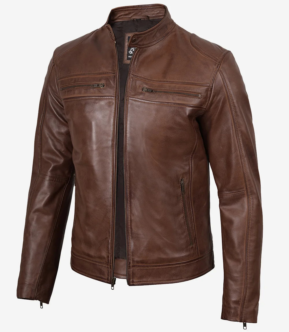 Men's Cognac Brown Cafe Racer Lambskin Leather Jacket - Front