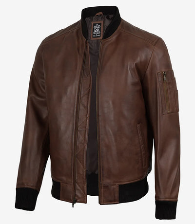 Herr Cognac Brun Lammskinn Bomber Läderjacka med Wax Finish – Äkta Läder