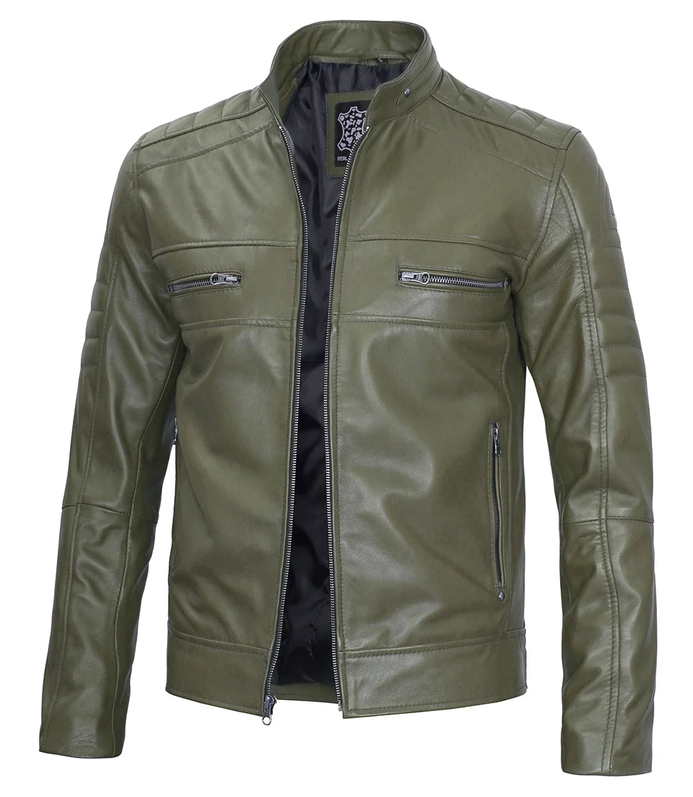 Men Cafe Racer Dark Green Real Leather Jacket - Front