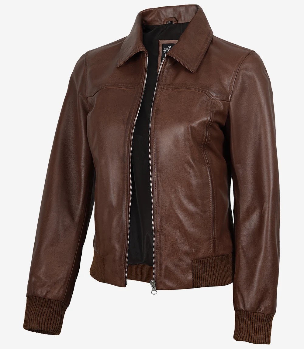Women's Harrington Cognac Wax Leather Bomber Jacket - Front