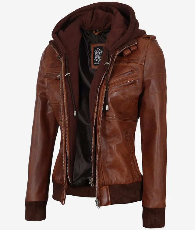 Women's cognac brown hooded leather bomber jacket