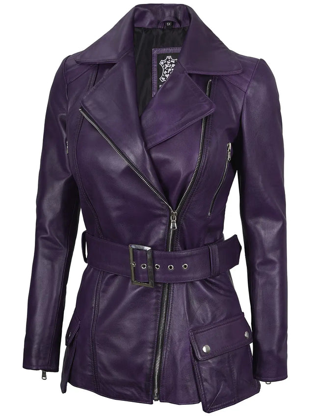 Asymmetrisk biker-skinnjacka i lila (Dam)